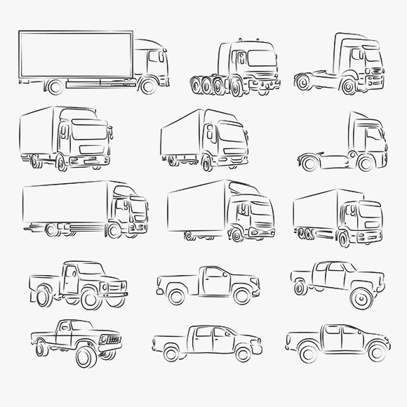 Zeichnungen Solo-Trucks und Pickup-Trucks
